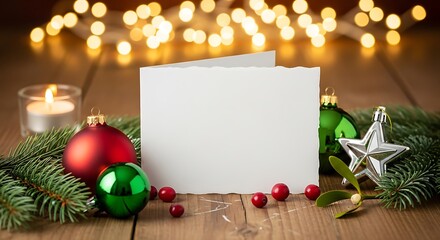 A blank Christmas card sits amidst festive decorations with bokeh lights in the background.