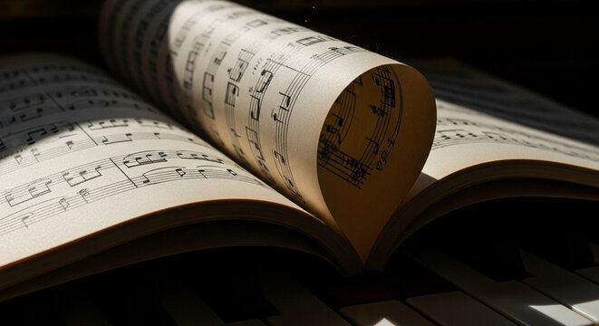 close-up of sheet music pages curled softly, dramatic shadows
