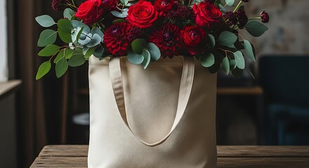 A beautiful bouquet of red flowers rests inside a simple canvas tote bag.
