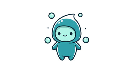Cartoon character illustration with teal color and bubbles on white background