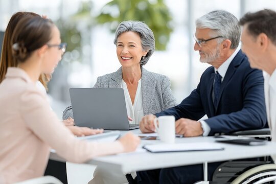 Business professionals sit at table, smiling, collaborating, one colleague uses wheelchair during meeting.