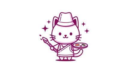 Cartoon cat artist holding brush and palette with starry glow