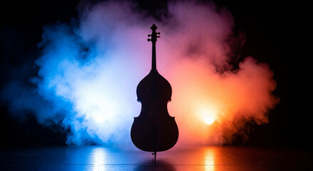 double bass silhouette with colored stage smoke behind