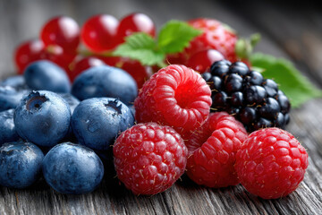 Fresh raspberries, blueberries, and red currants on wood