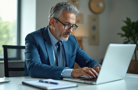 Mature businessman works on laptop in office. Focused senior manager wearing glasses is using computer. Professional corporate executive types on keyboard doing financial work at desk.