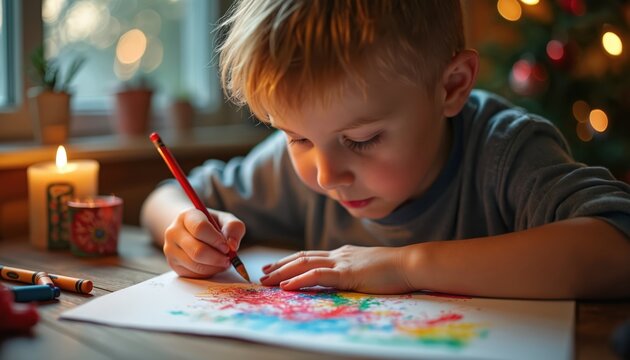 Young boy draws colorful picture with crayons on paper at wooden table. Boy is focused on art, childs creativity indoor, candle light warms scene.