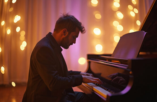 Man plays piano indoors during event. Person presses keys on instrument keyboard. Handsome artist performs music near lights. Male musician practices at night bokeh background.