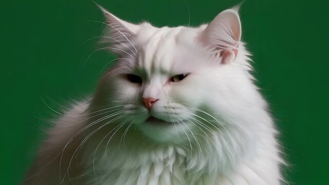 Portrait of a fluffy white Maine Coon cat majestic longhair pet with green background studio shot