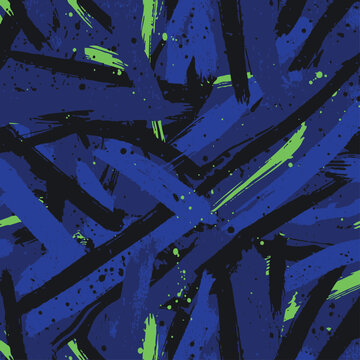Seamless abstract vector pattern with energetic grunge brush strokes and paint splatters in blue, green, and black