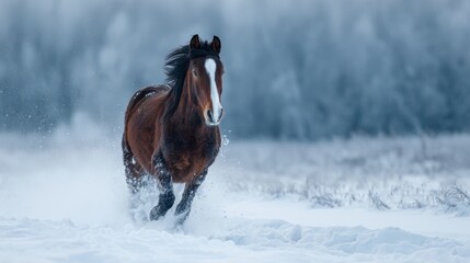 Bay Tersk horse gallops unrestrained in winter