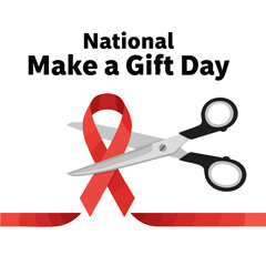 National Make a Gift Day illustration featuring scissors cutting a red ribbon.