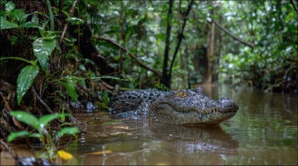 Naklejka premium Caiman in Tena s rainforest marshes Ecuador