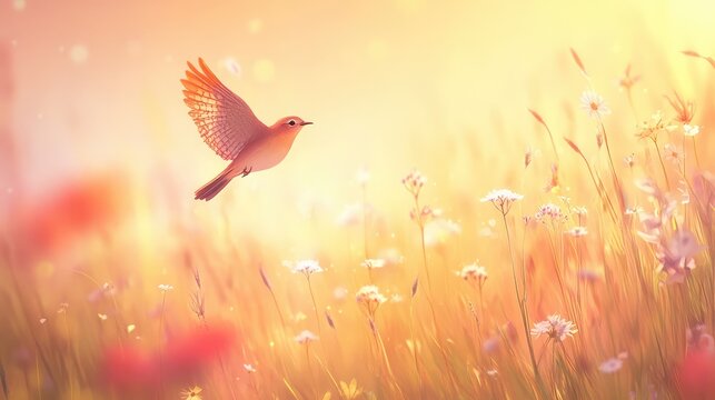 A bird is flying over a field of flowers