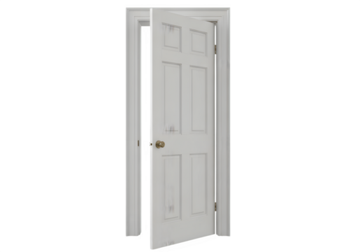 "Classic White Six-Panel Interior Door Standing Wide Open, Isolated on Transparent Background PNG"