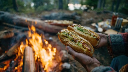 Campfire hot dogs made from scratch outdoors