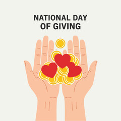 National Day of Giving - Hands Holding Hearts and Coins Illustration.
