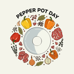 Pepper Pot Day Celebration with Colorful Vegetables and Meat Illustration.