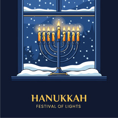 Hanukkah Menorah with Lit Candles in Window on Snowy Night.