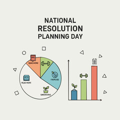 National Resolution Planning Day illustration with pie chart and bar graph.