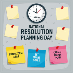 National Resolution Planning Day with Clock and Sticky Notes.
