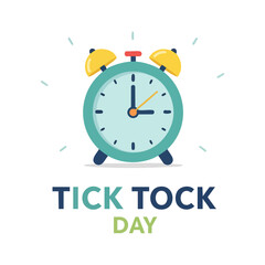 Alarm Clock Illustration for Tick Tock Day Celebration with Teal and Yellow Accents.