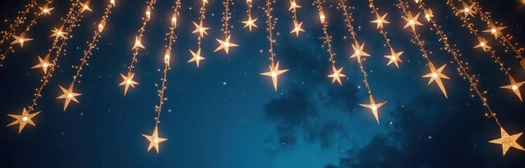 Naklejka premium Festive garland of stars hangs against dark blue sky. Holiday illumination glows, twinkles creating magical ambience. Decorations shine with bright light bringing joy, cheer. Festive mood for everyone