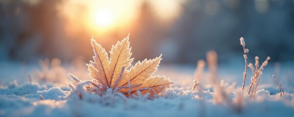 Frosted dry leaf rests on fresh white snow, tiny ice crystals. Warm golden morning sun shines through frozen plant, nearby grass, creating beautiful serene cold nature landscape. Provides ideal