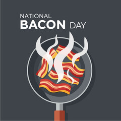 National Bacon Day illustration featuring sizzling bacon strips in a pan.