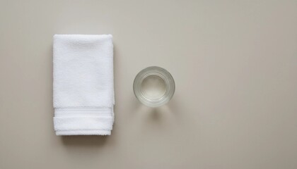 A Clean White Towel Neatly Folded Next to a Glass of Clear Liquid, Presented on a Smooth, Neutral Background in a Minimalist and Serene Composition