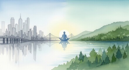 Fototapeta premium Watercolor of a person meditating between a city and nature. This serene scene symbolizes balance, mindfulness, and finding peace. Use for wellness, yoga, and mental health concepts.