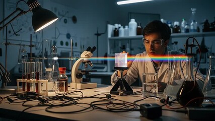 Scientist demonstrating light refraction in a physics lab, a prism creating a rainbow beam on Newton Day
