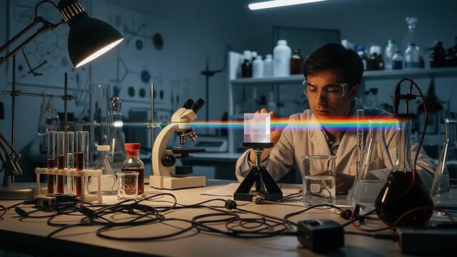 Scientist demonstrating light refraction in a physics lab, a prism creating a rainbow beam on Newton Day - Powered by Adobe