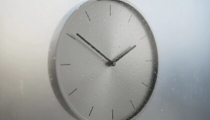 A modern analog clock face, covered in refreshing water droplets, symbolizing the steady progression of time through a soft, diffused light, evoking a sense of calm and natural flow and daily routine