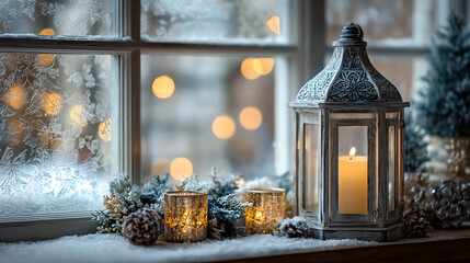 Warm Christmas lantern and candlelight on snowy windowsill with frosted window and pine cones