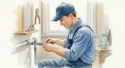 A watercolor painting of a smiling plumber in uniform repairing a pipe. The friendly, professional mood conveys reliability and skill. Perfect for home service ads or trade articles.