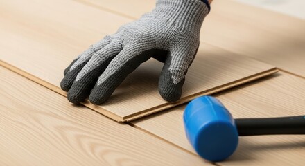 Hand in glove installing laminate panel, focus on tool and board - Installation floor