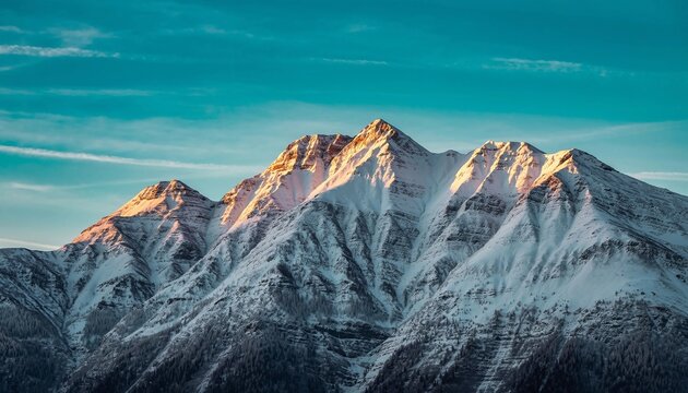 The first golden rays of sunrise illuminate the majestic snow-capped peaks of a serene mountain range, casting long shadows and creating a breathtaking alpine landscape scenery