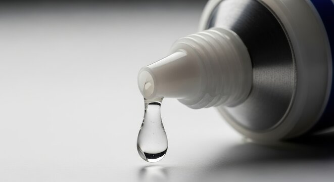 Macro de un tubo de pegamento con una gota en la boquilla, fondo neutro y reflejo de luz.
