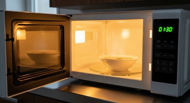 Primer plano de un microondas encendido con luz c&aacute;lida en su interior