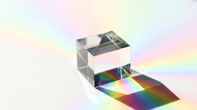 Prism in minimalistic style in white with rainbow light refraction representing Newton Day celebration of light and physics concepts