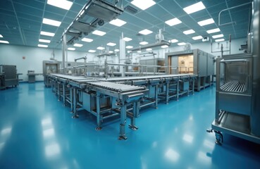 Automated production line in a modern food factory. Stainless steel conveyor belts and machinery process goods in a clean sterile environment. Manufacturing plant with industrial equipment.