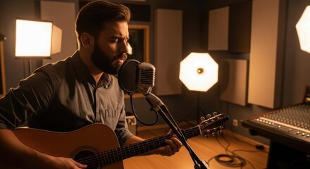 Man playing acoustic guitar and singing into a studio microphone in a recording studio. Creative performance for music album.
