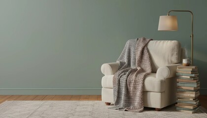 A tranquil and inviting home interior featuring a comfortable armchair, a soft blanket, inspiring books, and a warm lamp, creating a perfect cozy reading nook for quiet relaxation