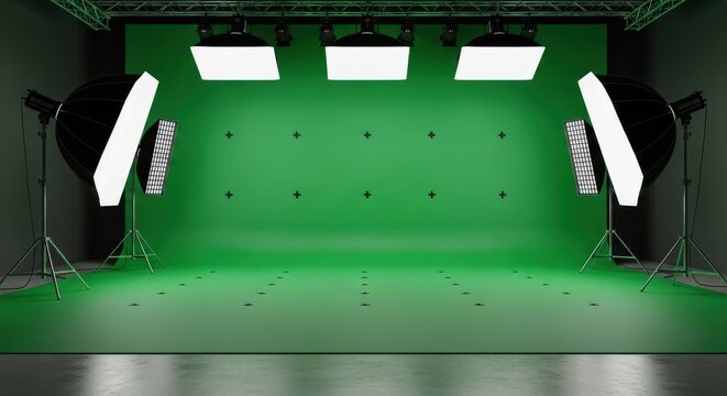 Empty green screen studio with softbox light and a grid pattern, chroma key background for video production, film, and photography.