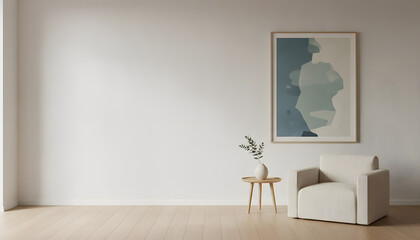 Minimalist modern interior design showcasing a tranquil and elegant living room setup with a comfortable armchair, artistic decor, and natural light, perfect for serene relaxation