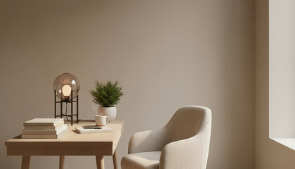 Scandinavian style home office with a wooden desk, beige armchair, and decorative lamp. Minimalist workspace interior with a blank wall for copy space or mockup. 3D render