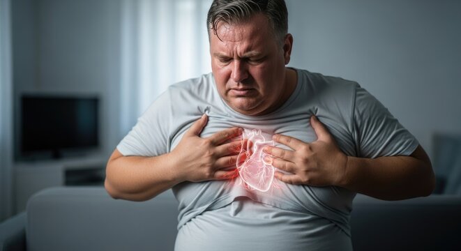 Overweight man clutching chest with intense heart pain. Obese male faces cardiovascular disease, high blood pressure, a probable heart attack from poor nutrition.