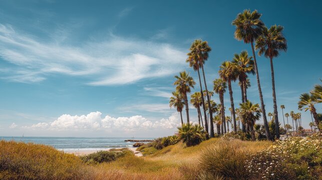 Palm trees by the beach under a clear blue sky