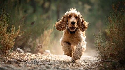 Active Cocker Spaniel discovering the outdoors on a hunt A faithful nimble dog dashing through woods scenting the earth and fetching game