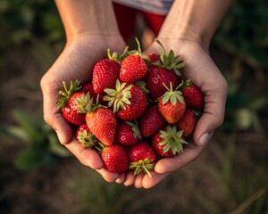 Hands holding a generous harvest of fresh, ripe strawberries.